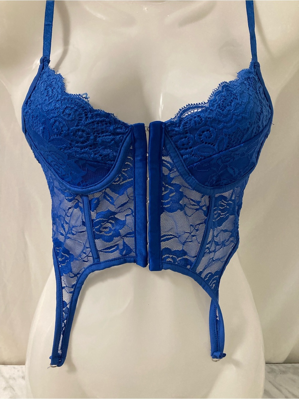 Blue Lace Bustier Corset Top Front Closure Garters Y2K Size S